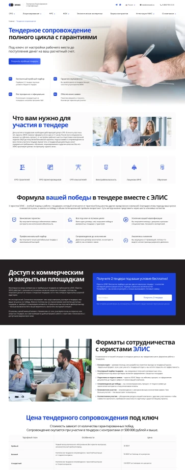 Макет посадочной по тендерному сопровождению в дизайне.