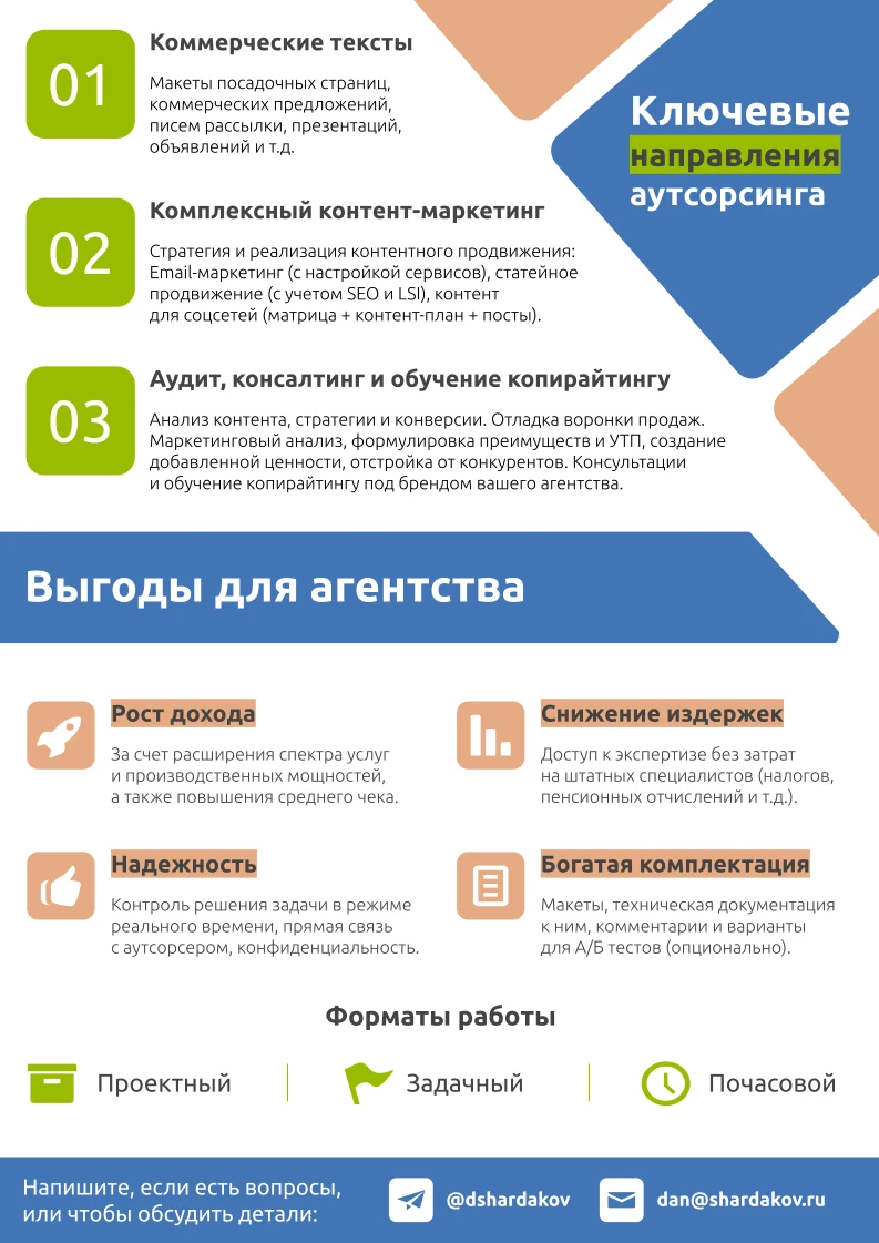 Вторая страница коммерческого предложения по продаже услуги "Аутсорсинг копирайтинга".